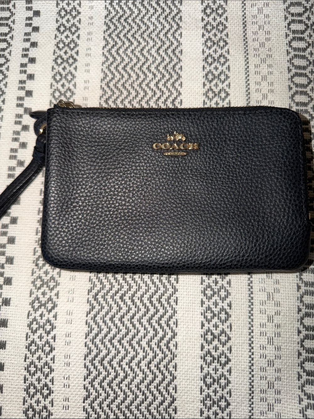 Coach Black Pebbled Leather Zip Wristlet with Gold Logo